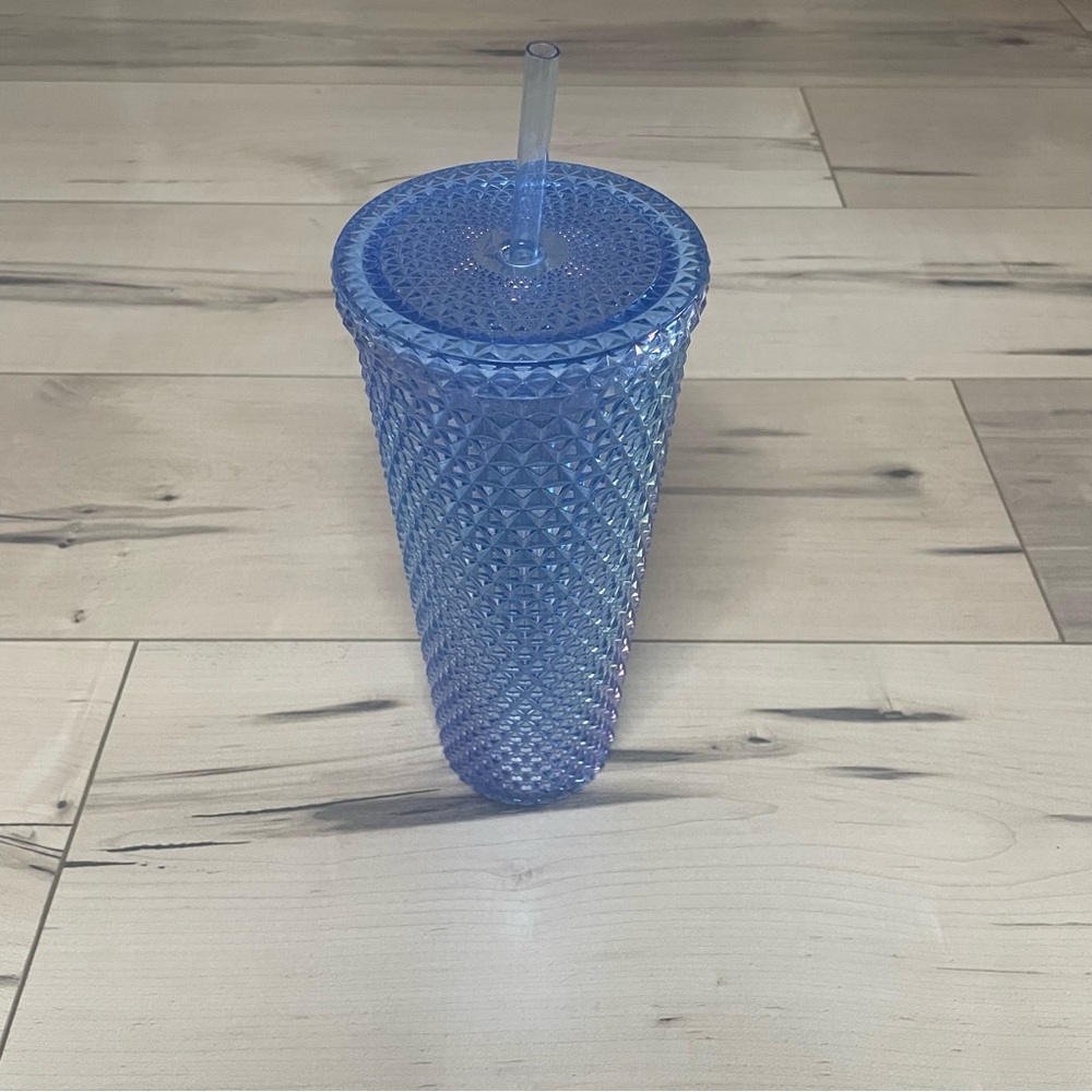 Blue Iridescent Plastic Tumbler Cup With Straw